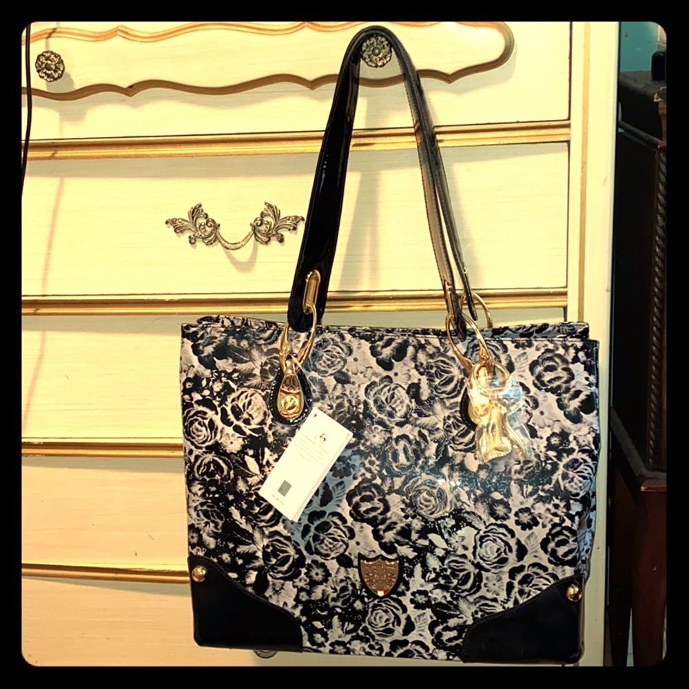 NWT Angeleigh Anastasio Italy gray black rose bag